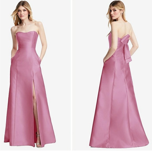 ALFRED SUNG Strapless A-Line Modern Bow Pockets Satin Pink Maxi Dress NWT size 0 - Picture 2 of 15